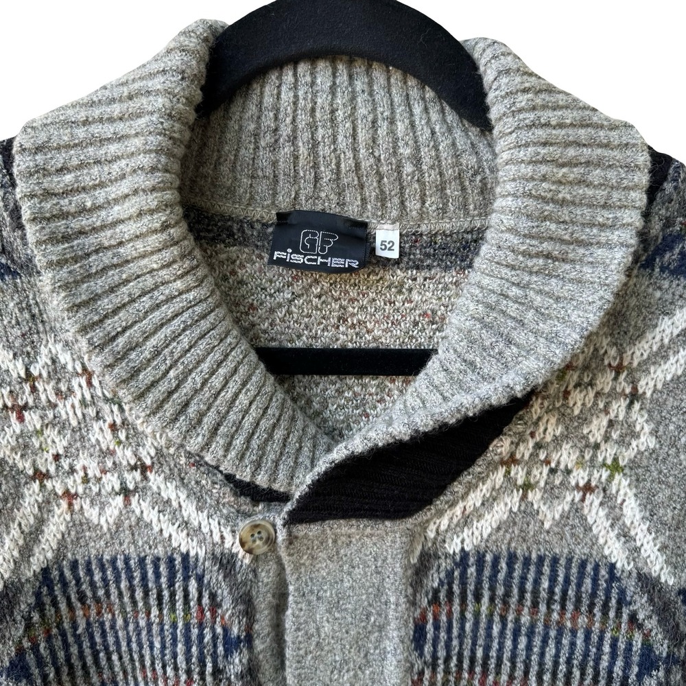 Fischer Vintage 90s Geometric Shawl Neck Oversized Knit Grandpa Sweater Mens - Picture 4 of 10
